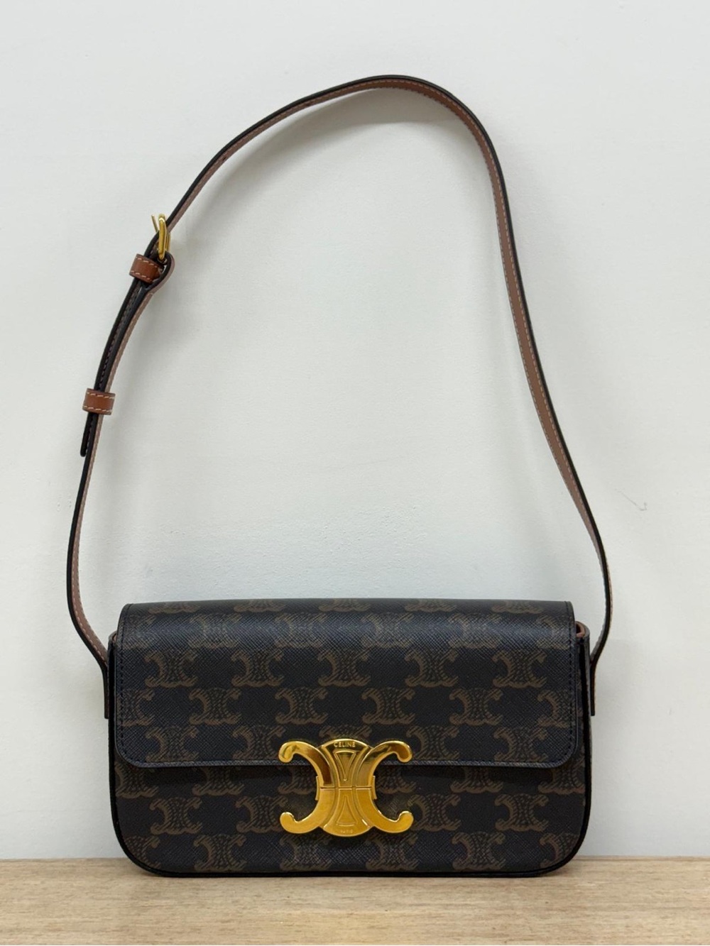 Celine Claude Triomphe Brown Canvas Shoulder Bag